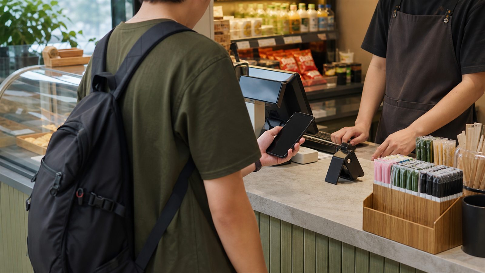 International traveller preparing to pay at a shop counter