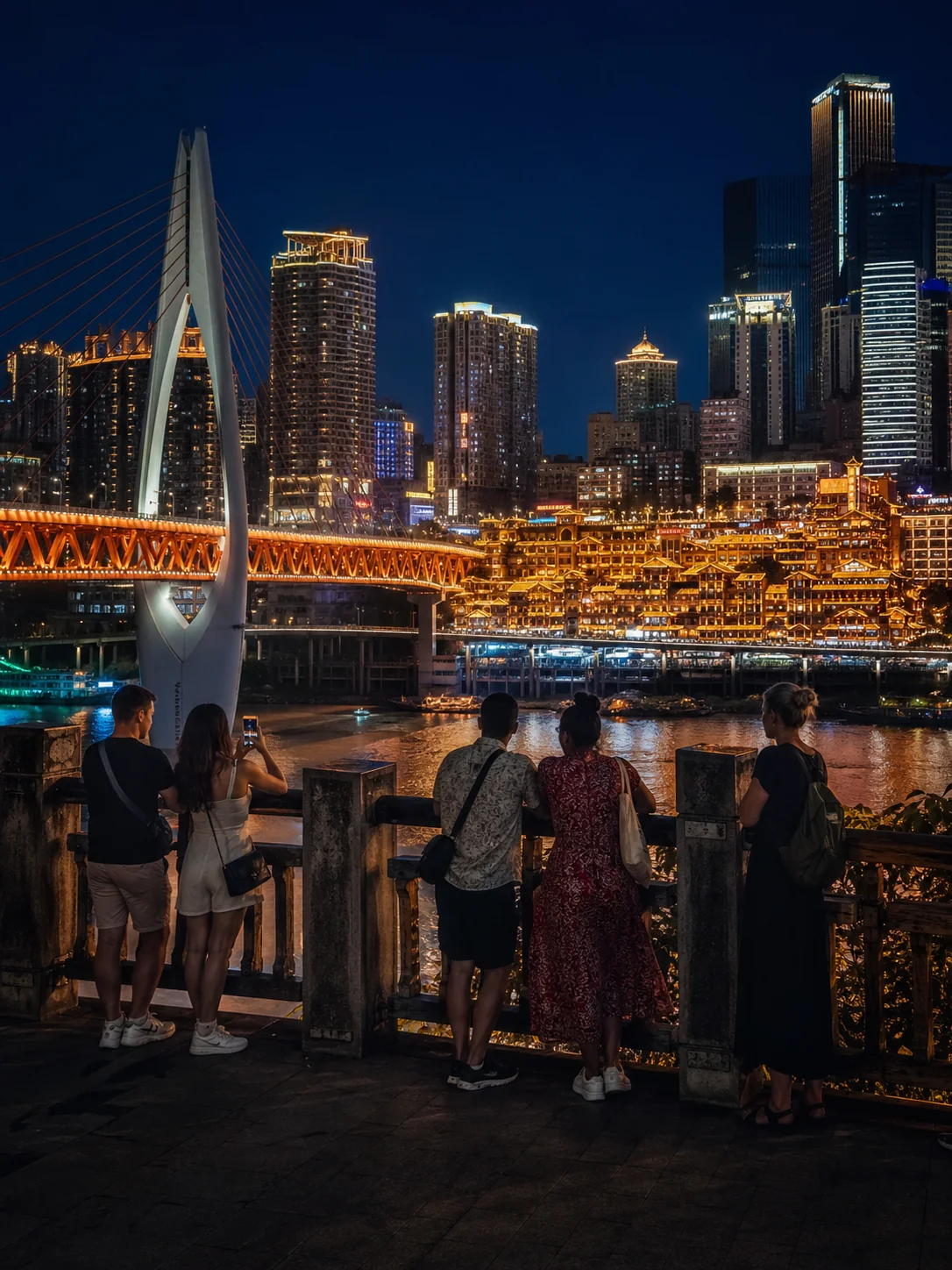 International visitors viewing Hongya Cave and Chongqing's illuminated riverfront at night