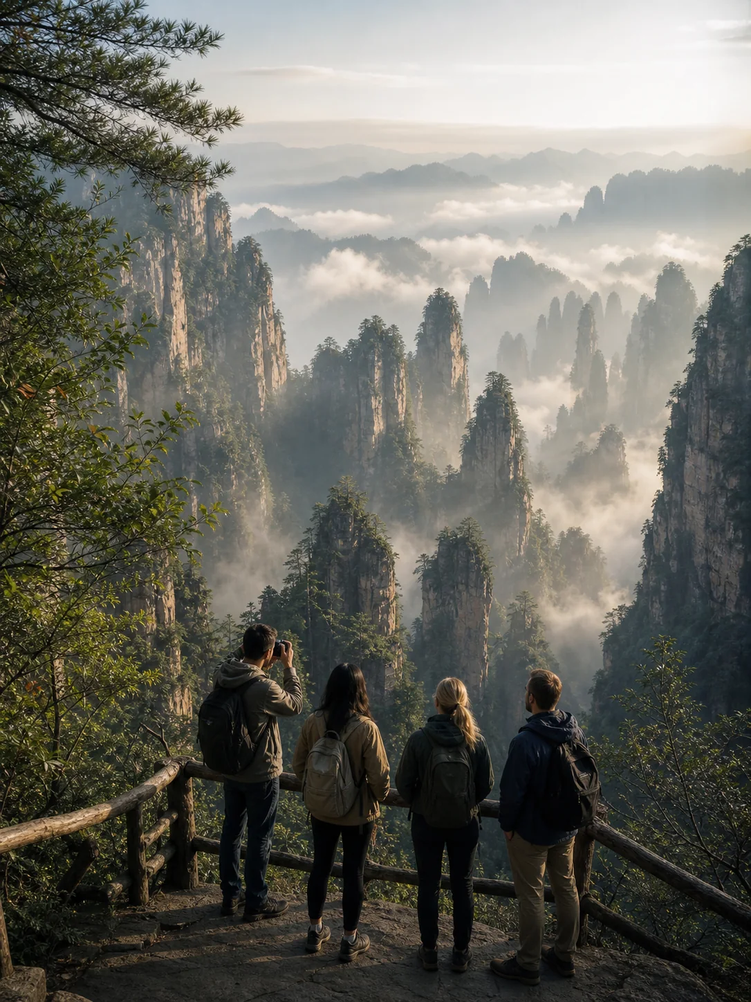 International hikers overlooking misty sandstone pillars in Zhangjiajie